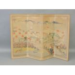 A 1938 four fold needlework screen, decorated with a beach scene, signed l.r. MCB 1938, in