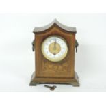 An Edwardian inlaid mahogany mantel clock, with brass lion's mask handles, 24.5cm high