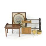 Two sets of Victorian wall shelves, fire screen, a tray top table, spirit kettle, and jam pan