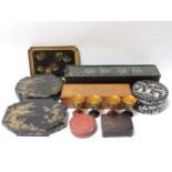 Three Japanese lacquer dressing table boxes, a cinnabar lacquer box, a mother of pearl inlaid box, a