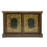 A 19th century rosewood and marble top side cabinet, the plain veined marble top over a cupboard