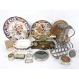 A Crown Derby plate, a quantity of silver items, an ivory box, letter scales, etc