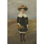 Naive School, 19th centuryPORTRAIT OF A GIRL, FULL LENGTH STANDING, IN A BLACK AND WHITE DRESS AND A
