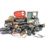 A quantity of cameras and equipment, and a MkII Astro compass