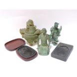 Two Chinese ink stones, a naively carved hardstone sensor, a jade carving of a female deity, and a