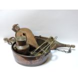 A copper jam pan, an Indian copper jug, pair of bellows, a yoke, and a companion set