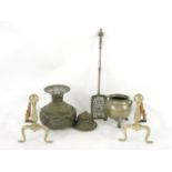 A quantity of various decorative metal wares, fire dogs, etc