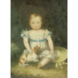 Naive School, 19th centuryPORTRAIT OF A YOUNG GIRL, FULL LENGTH SEATED, IN A WOOD WITH HER PET