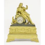 A 19th century French gilt bronze mantel clock, the engraved steel dial with Roman numerals,