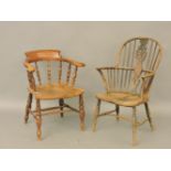 A 19th century elm Windsor chair, and a smoker's bow elbow chair