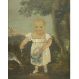 Naive School, 19th centuryPORTRAIT OF A CHILD, FULL LENGTH STANDING, SCATTERING BIRD SEED IN A