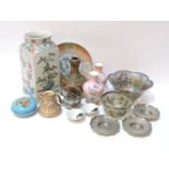 A Japanese Satsuma jar, missing lid, Chinese and Japanese cloisonné, sake cups, bowls, a Sampson