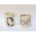 A Coronation mug 'God Save The Queen', designed by Richard Guyatt for Wedgwood, and a mug designed