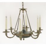 A modern gilt bronze and green painted, six branch electrolier, with tall 'candle' bulb holders,