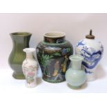 Oriental vases, to include a blue and white baluster example, decorated with an Imperial dragon