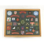 A collection of framed various military flashes