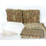 An assortment of vintage textiles, to include two cushions with tapestry and petit-point