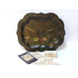 A Victorian papier mâché tray, decorated with pheasants, a Canton ivory box, etc