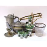 A lacquered brass bottle cradle, a pewter jug, etc