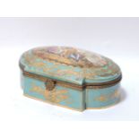 A 20th century French porcelain table casket, with a bleu celeste ground, the cover painted with a