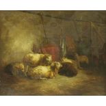 Follower of Charles Emile JacqueSHEEP IN A BARNIndistinctly signed 'Pe...' and dated '61 l.r., oil