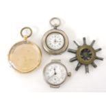 An 18ct gold watch case, two silver cased watches, and an unusual multiple latch key