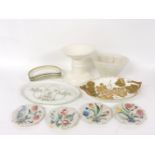 A creamware ham stand, an early Victorian jelly mould, four hand painted Italian plates, four