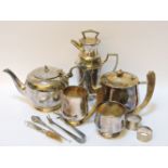 A silver plated cocktail shaker, teaset, teapot, etc