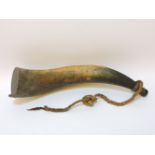 An antique horn powder horn flask, 54cm long