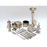 Silver items, including three piece cruet, specimen vase, compact, etc