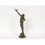 A bronze car mascot, modelled as a nude holding bird aloft, 21cm high