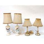 A pair of Richard Ginori porcelain table lamps with shades, and another pair of onyx and gilt
