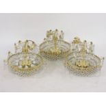 Three gilt metal and cut glass ceiling lights fittings, of bag form