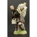 A Meissen porcelain double scent bottle,modelled as a monk carrying a girl in a sheaf on his back, a