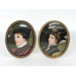 A pair of oval portraits on porcelain panels, depicting ladies, in modern easel back frames, 8 x 6.