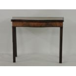 A George III mahogany serpentine fold over card table, raised on moulded front legs, 90.5cm wide