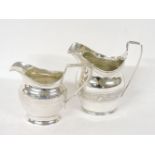 Two Georgian silver milk jugs, by GB and ?, London 1798 and 1807, each with chased band. 6oz.