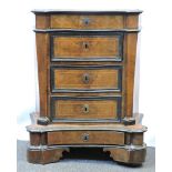 A French walnut serpentine fronted narrow chest, of five graduated drawers, ebonised mouldings and