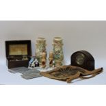 A pair of Satsuma vases, two comical ashtrays, a clock, WWII cigarette cases, Fairing, hessian