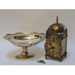 A reproduction brass lantern clock, a Japanese three piece tea set, a silver plated pedestal bowl, a