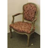 A French gray painted fauteuil armchair, with open arms and carved legs, 60cm wide