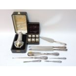 Silver items: sugar sifter, napkin rings, cutlery, etc