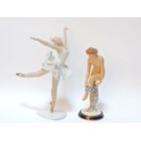 A Wallendorfer porcelain figure of a ballerina, finger missing, 27.5cm high, and another of a nude
