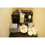 Wedgwood 'Kutani Crane' vases, a trinket box and tray, Jasperware, five Royal Doulton figures,