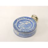 A Victorian blue and white willow pattern drum form scent bottle, with silver top, Sampson Mordan,