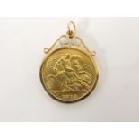 A half sovereign dated 1913, channel set in a scroll top mount, hallmarked 9ct gold, London 1967,