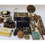 A box of collectors items, to include silver plated table trolley, English coinage, treen items