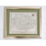 Two oak framed mirrors, a gilt framed mirror, a 19th century map of Norfolk, and a modern picture