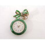 A Swiss 0.935 silver green guilloché enamel ladies fob watch, inlaid with red berry sprays, white