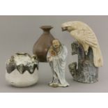 Four pieces of Guangdong stoneware, mid to late 19th century, a naturalistically modelled hawk,